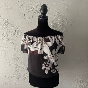 Y2k Floral Off The Shoulder Brown Blouse Tropical Hibiscus Flower Womens Small